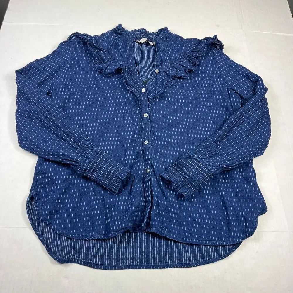 LOFT Ruffled Button Down Shirt Blue Prairie Boho Long Sleeve Casual Work Top M
